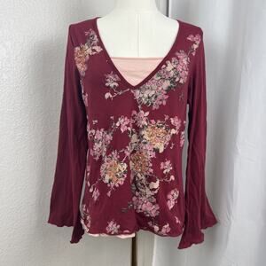 VTG Eyeshadow‎ Top Juniors 1X Red Floral Lettuce Hem Flared Sleeve Fairy Y2K